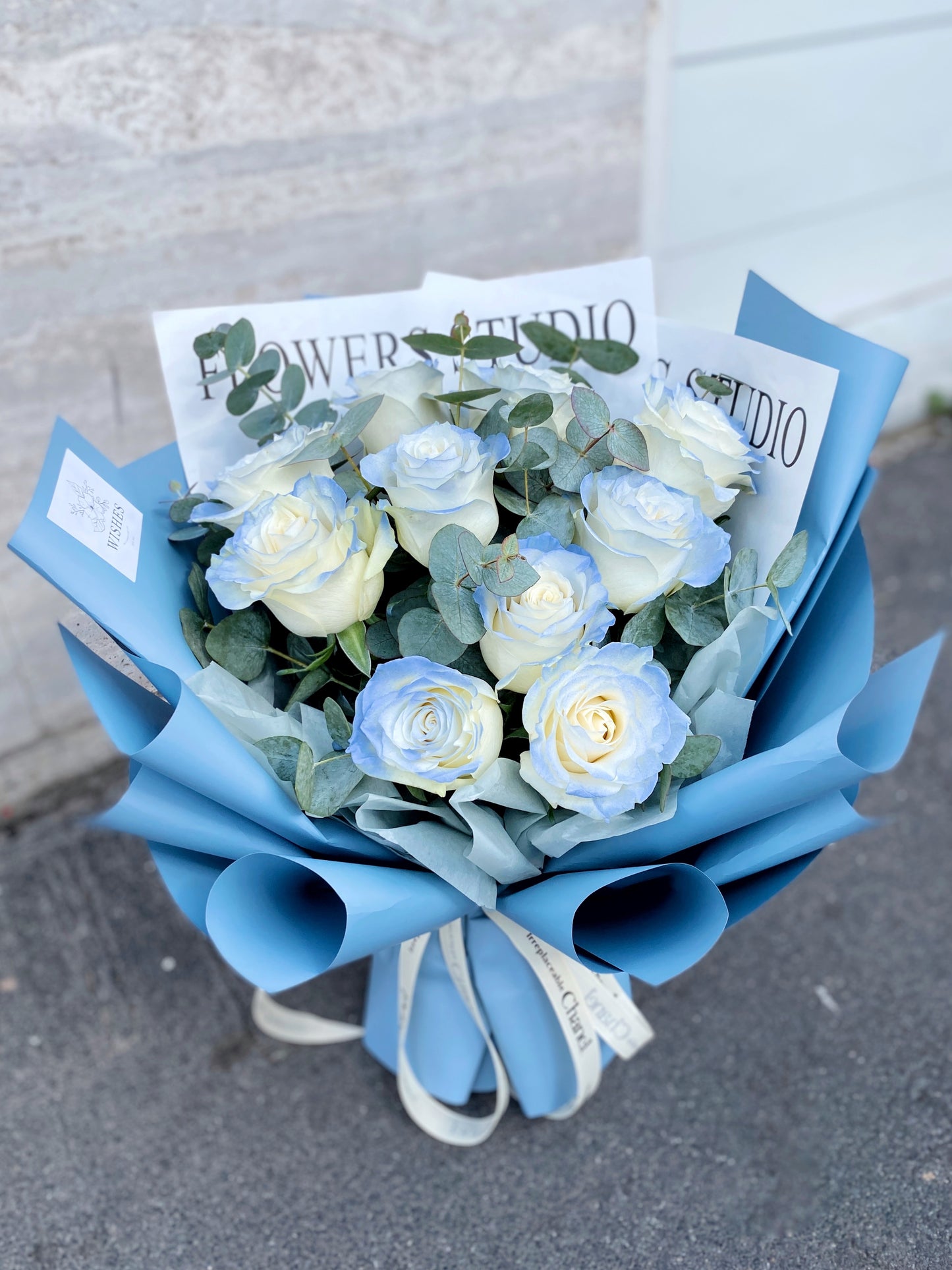 Medium Fresh Flower Bouquet - White Roses with Blue