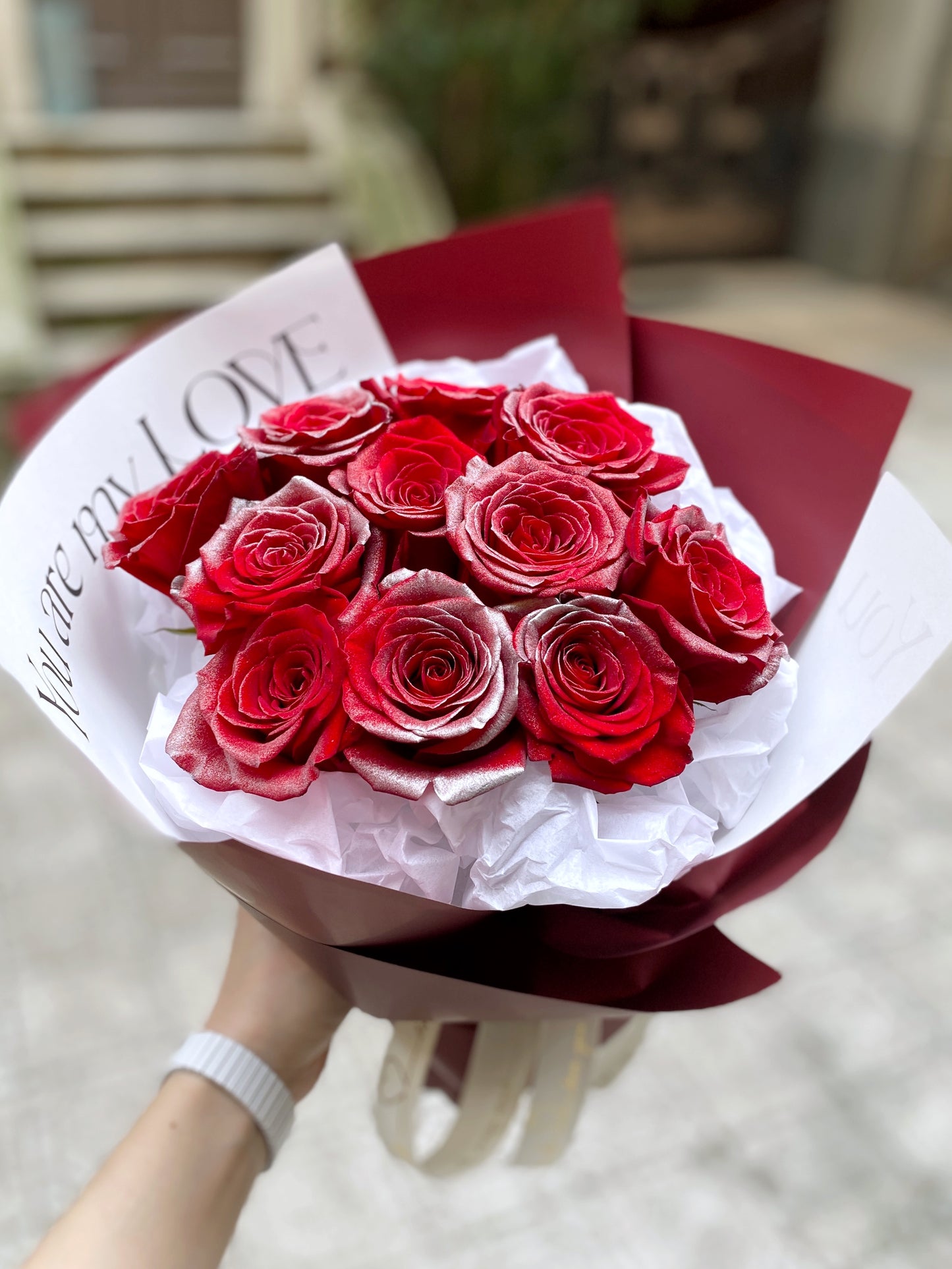 Medium Fresh Flower Bouquet - Red Silver Roses