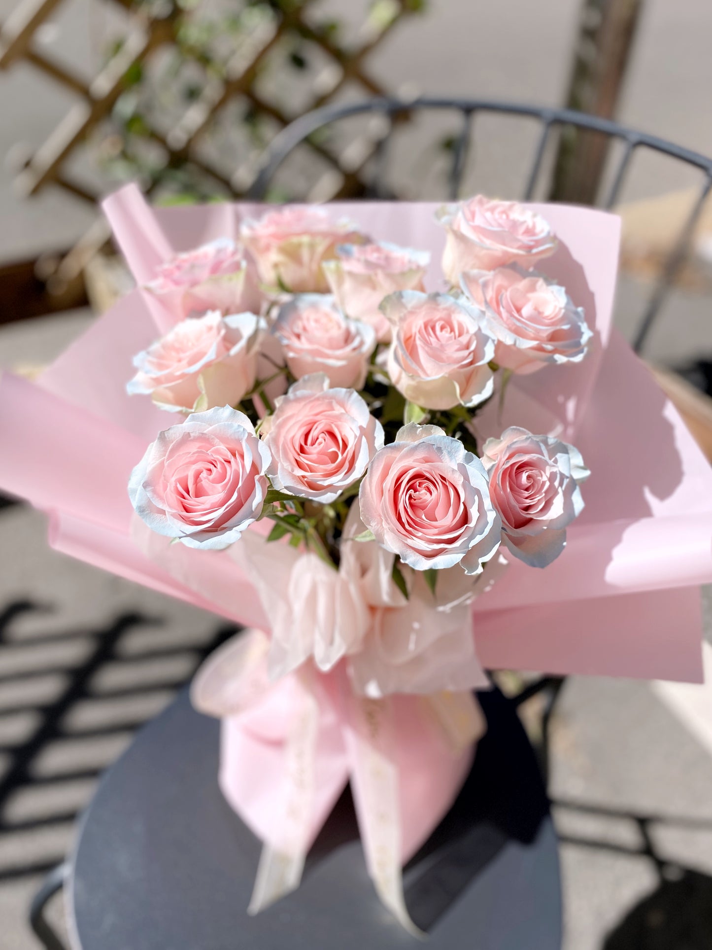 Fresh Flower Bouquet - Pink Roses with Color BabyBlue