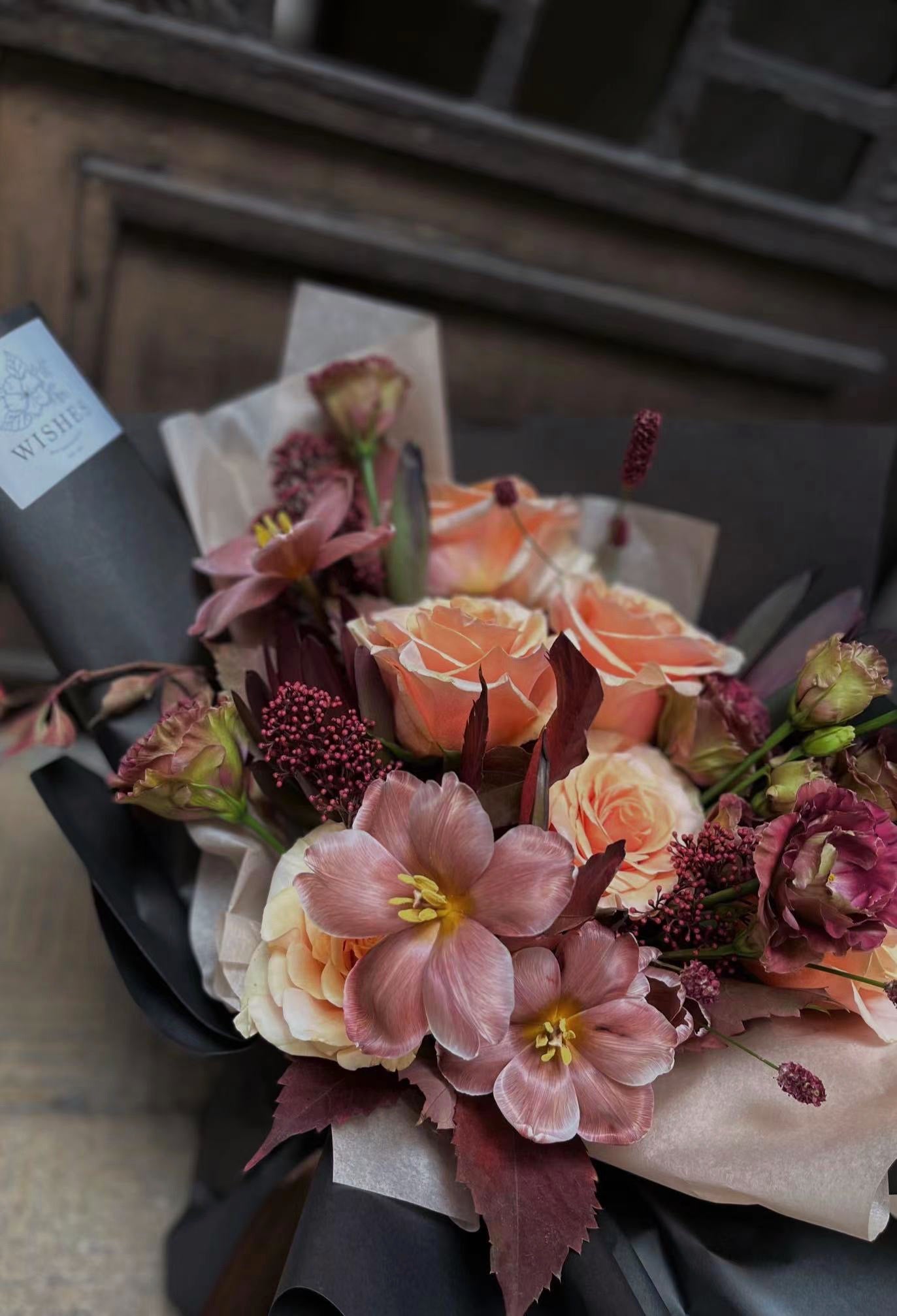 Special Large Vintage Fresh Flower Bouquet - Vintage Dark Red