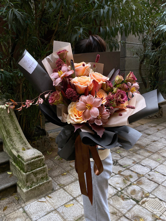 Special Large Vintage Fresh Flower Bouquet - Vintage Dark Red